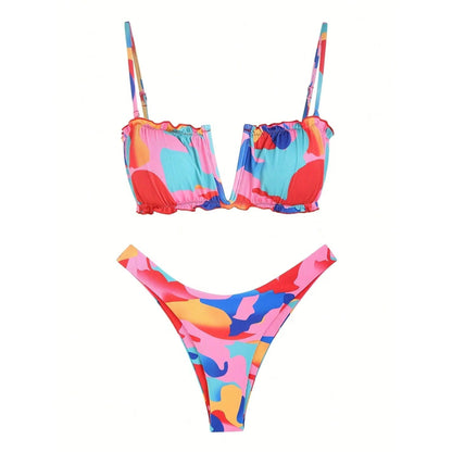 2026 New Colorful Camo Ribbed Bikini Set, Scallop Trim Deep V Bandeau Top Adjustable Thin Strap High Cut Bathing Suit