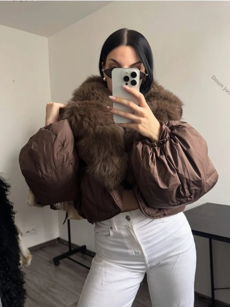 Winter Female White Duck Down Jacket Luxury Loose Short Fashion Casual Women Warm Real Fox Fur Coat Long Sleeve Puffer Jacket