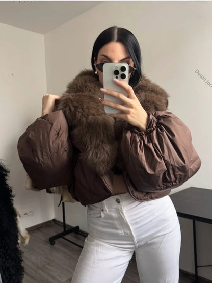 Winter Female White Duck Down Jacket Luxury Loose Short Fashion Casual Women Warm Real Fox Fur Coat Long Sleeve Puffer Jacket
