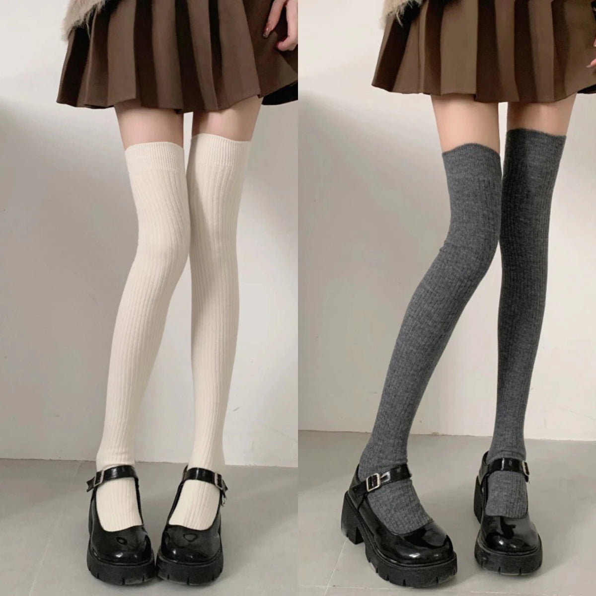 Autumn Winter Women's Stockings Girls Black White JK Lolita Long Tight Socks Vertical Stripes Cotton Over Knee Thigh High Socks