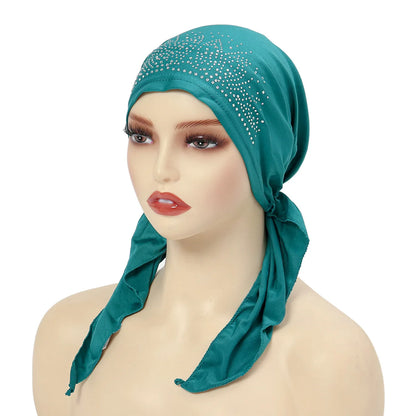 Fashion Muslim Headscarf Hat for Women Thin Summer Inner Hijab Caps Solid Color Diamond Turban Bonnet India Headwrap