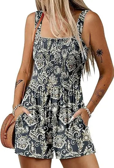 Femmes Print Jumpsuit Fashion Boho Beach Party Jumpsuits Lady Casual Sleeveless Pockets High Waist Shorts Jumpsuits Summer New