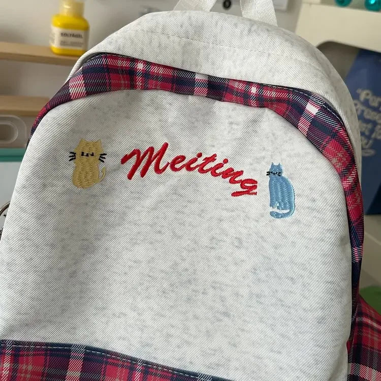 Preppy Style Blue Backpack for Girls, Plaid Spliced School Bag, Cute Nylon Daypack Star Pendant, Large Capacity Student Rucksack