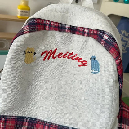 Preppy Style Blue Backpack for Girls, Plaid Spliced School Bag, Cute Nylon Daypack Star Pendant, Large Capacity Student Rucksack
