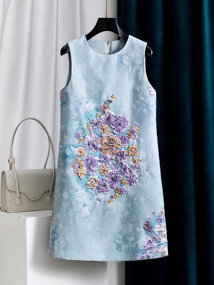 Unique Blue Heavy Beaded Rhinestone Crew Neck Sleeveless A-Line Tank Dress for Women Fall Party Cocktail Evening Luxury Chic