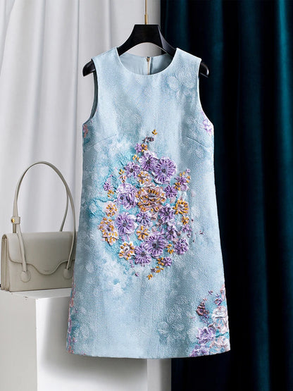 Unique Blue Heavy Beaded Rhinestone Crew Neck Sleeveless A-Line Tank Dress for Women Fall Party Cocktail Evening Luxury Chic
