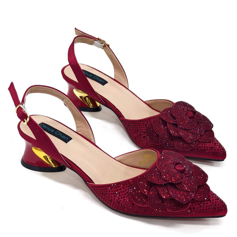 Italian Design Evening Shoes And Bags Paired With Handmade Petal Gold Colour Pointed Toe Mid-Heel Shoes For Women Party Shoes