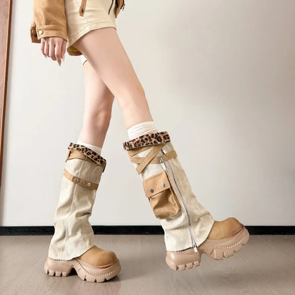 Women Boots Suede Fashion Heeled Boots Women’s Winter Boots Leopard Designer Shoes 2026 Gothic Gladiator Snow Botas