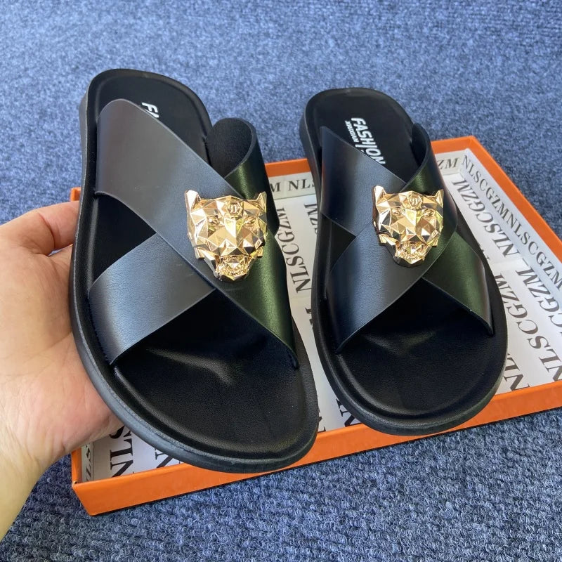 size38-48 original shoes brand summer leather slides for man black brown fashion shoes for mens slippers business beach slippers