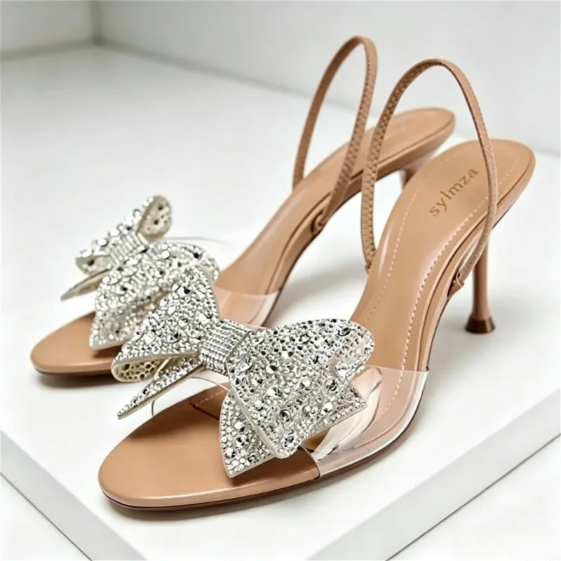 Luxury Glitter Rhinestone Bow Designer Heeled Sandals Women Summer Peep Toe Back Strap High Heels Elegant Party Wedding Shoes