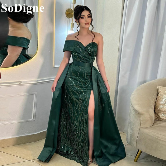 SoDigne Dark Green Mermaid Evening Dresses One Shoulder Lace Appliques Side Slit Detachable Train Party Dress Women Prom Gowns