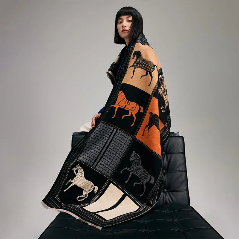 Autumn Winter Scarf Women Pashmina Shawls Horse Print Wraps Cashmere Blanket Warm Thick Chunky Stoles for Lady Outdoor Bufanda