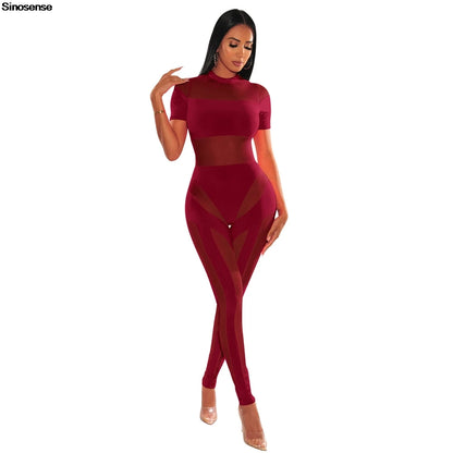 Women Sexy Jumpsuits Short Sleeve Sheer Mesh Slim Bodycon Jumpsuit One Piece Summer Rompers Y2K Street Night Club Party Outfits