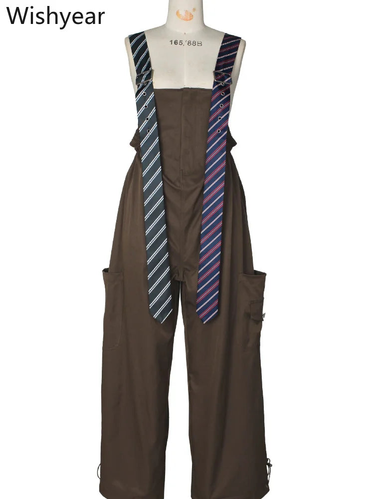 Women’s Overalls Jumpsuit Long Sleeve Shirt Style Patchwork Tie Detail Wide Leg Cargo Pants Casual Office Work Party Streetwear