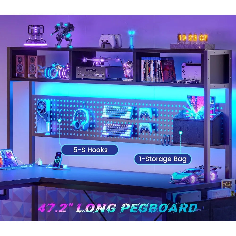67" Reversible L Shaped Gaming Computer Desk, Pegboard, LED Lights, Power Outlet & Keyboard Tray for Home Office, Custom