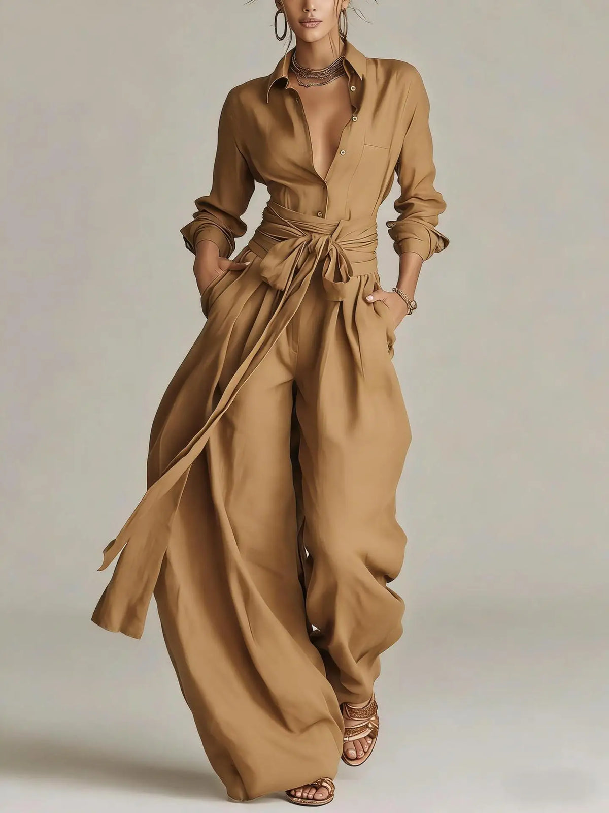 Women Brown Jumpsuit  Outfit Lapel Long Sleeve Button Shirt High Waist Belt Tie Wide Leg Pants Elegant Office Vacation Jumpsuits