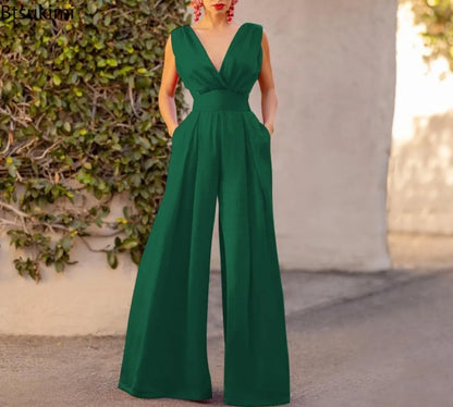 2026 Women's Elegant Jumpsuits Summer Sexy Deep V Slim High Waist Jumpsuits Fashion Sleeveless Wide Leg Rompers Female Overalls