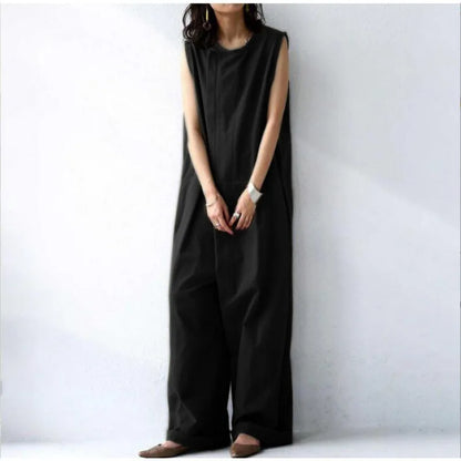 Women Jumpsuits Solid Romper Round Neck Sleeveless Full Length Straight Pants Slight Strech Loose Fit Casual Elegant 2026 Summer