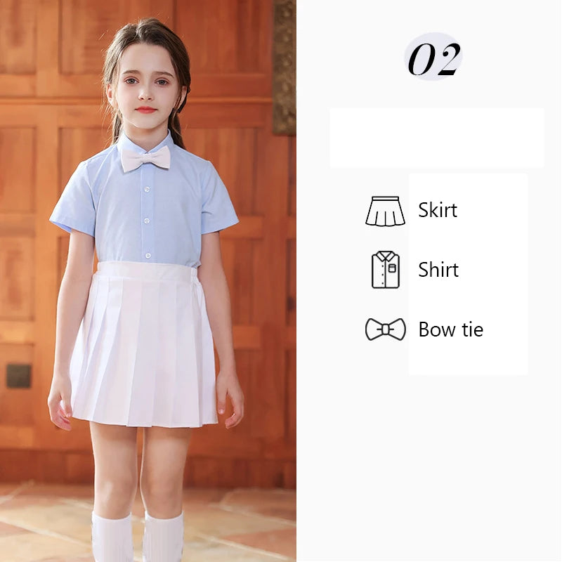 Children Summer Kindergarten School Uniforms Girls Pleated Skirts JK Suit Boys Shirt Shorts Bowtie Wedding Performance Costume