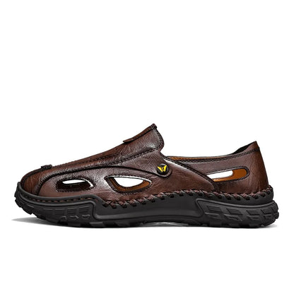 Men Sandals New Hollow Leather Casual Comfortable Trendy Beach Shoes Outdoor Walking Non Slip Bag Toe Walking Shoes for Men