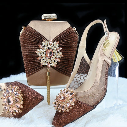 Doershow High Quality African Style Ladies Shoes And Bags Set Latest coffee Italian Shoes And Bag Set For Party  HGH1-14