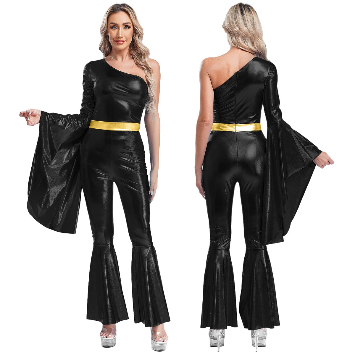 Women Vintage One Piece 70s Disco Dance Rompers Sleeveless Metallic Bell Bottom Flared Pants Jumpsuit for Retro Party Jazz Dance