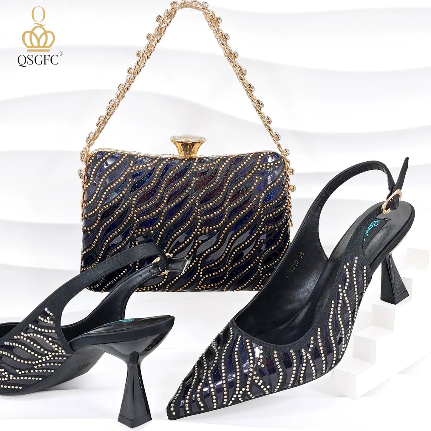 QSGFC New Arrival Fashion Shoes Matching Bag Set Royal Blue Color Decorated with Crystal Ladies Wedding Party Women High Heel