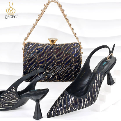 QSGFC New Arrival Fashion Shoes Matching Bag Set Royal Blue Color Decorated with Crystal Ladies Wedding Party Women High Heel