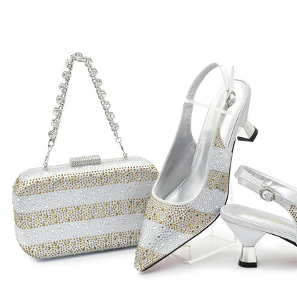 New Fashion Women Nigerian Italian Shoes and Bags Set Decorated with Rhinestone Elegant Woman Heeled Shoes Wedding Leather Shoe