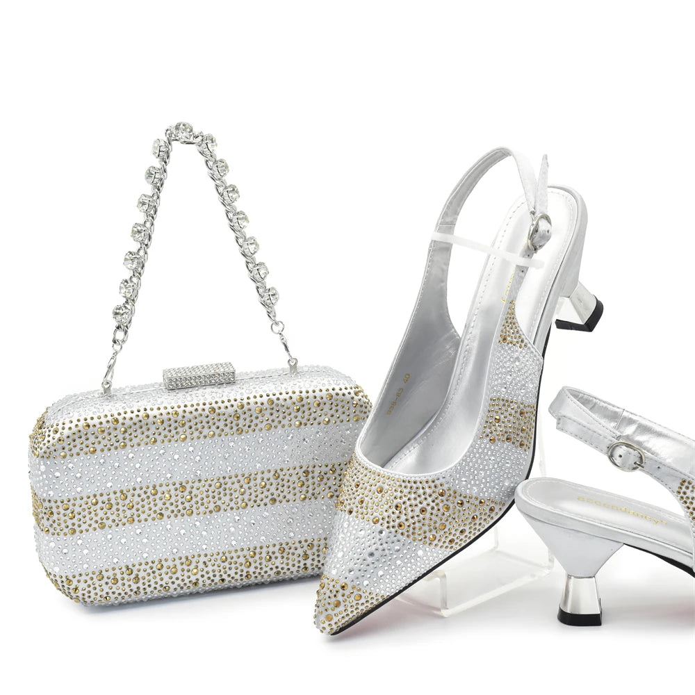 New Fashion Women Nigerian Italian Shoes and Bags Set Decorated with Rhinestone Elegant Woman Heeled Shoes Wedding Leather Shoe
