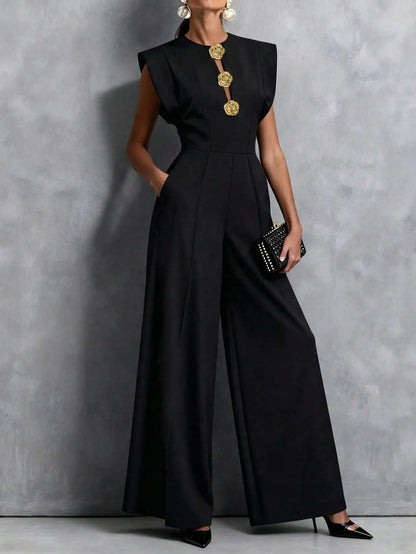 Women's Jumpsuits & Rompers, Black Sleeveless Wide Leg with Decorative Buttons, Tailored Formal Evening Outfit