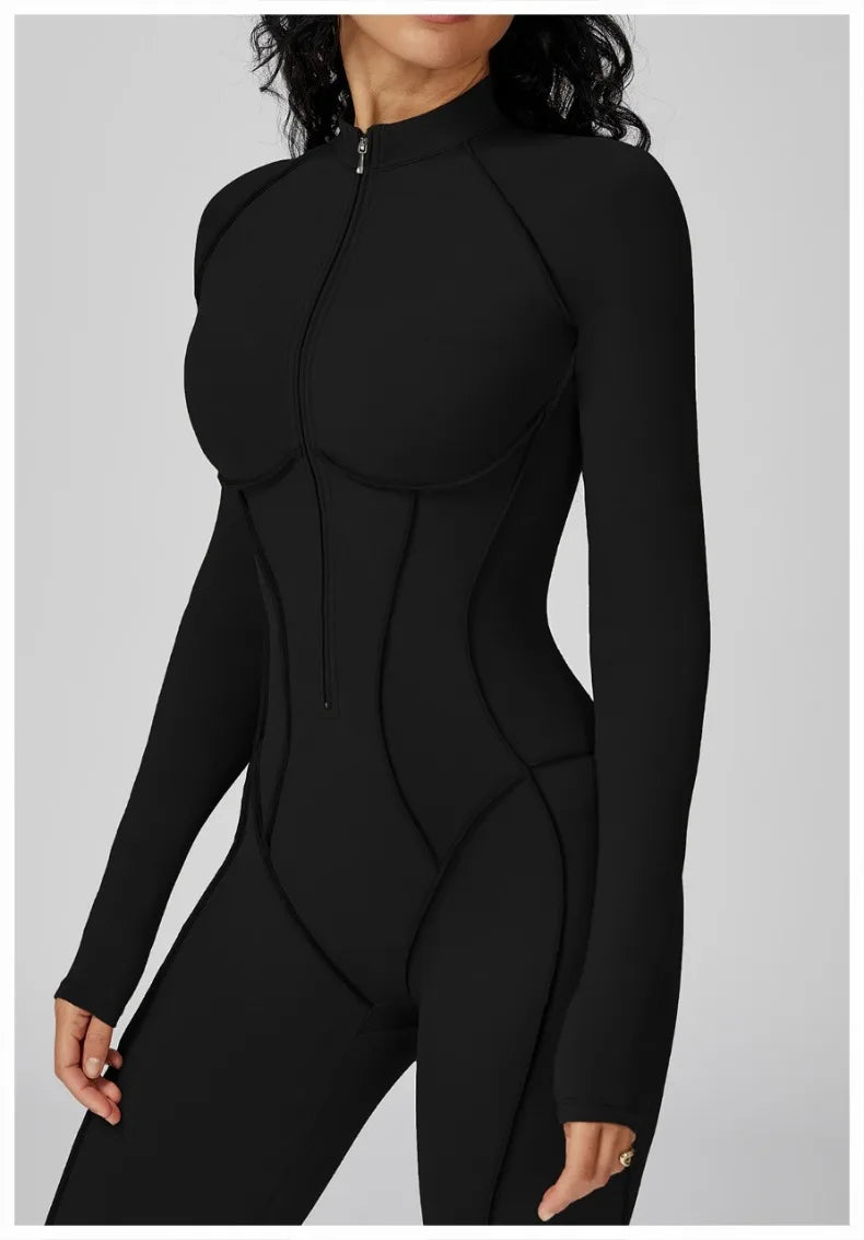 Women's New Sports Bodysuits Fitness Jumpsuit Slim Zipper Neck Sexy Splice Elasticity Jumpsuit Female Gym One Piece Sportswear