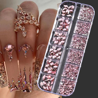 12Gird 3D Glass AB Crystal Nail Art Rhinestones Kit Flatback Round Bead Charm Gem Stones Jewelry Diamond with Tools for Nail Art