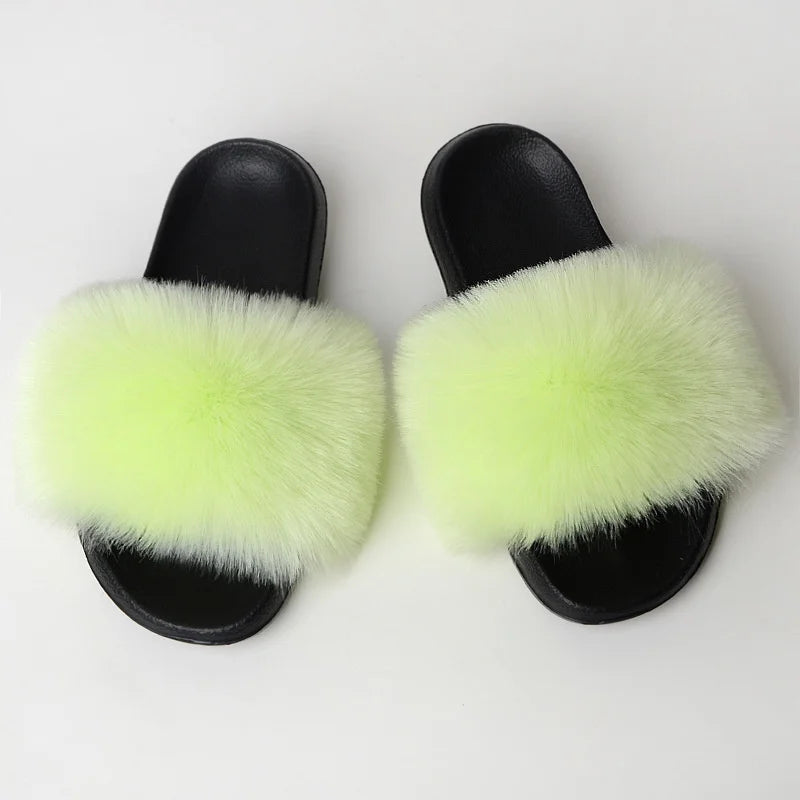Women's Summer Faux Fur Fox Fur Slippers Fashion Luxury Indoor and Outdoor Non-Slip Solid Color Flat Bottom Furry Sandals