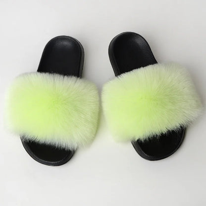 Women's Summer Faux Fur Fox Fur Slippers Fashion Luxury Indoor and Outdoor Non-Slip Solid Color Flat Bottom Furry Sandals