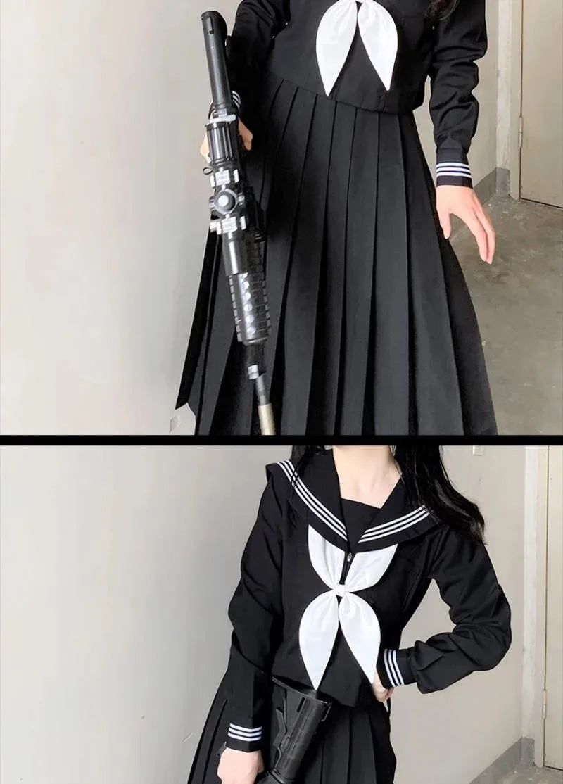 Japanese School Uniforms Student Style Girls Navy Costume Women Sexy Black JK Long Dress Suit Sailor Blouse Pleated Skirt Set