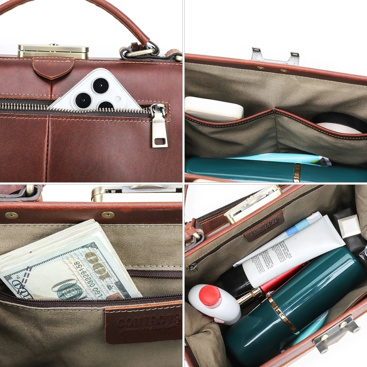 CONTACT'S Genuine Leather Top Handle Bags for Women Sling Shoulder Bags Tote Bag Handbags Metal Frame Female Bags Ladies Fashion