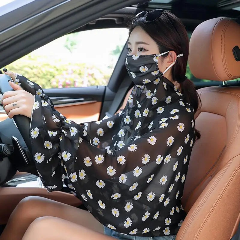 Cycling Sun Protection Shawl Driving Ice Silk Neck Face Cover Scarf Cooling Outdoor Cover Up Breathable Long Flared Sleeve Cape