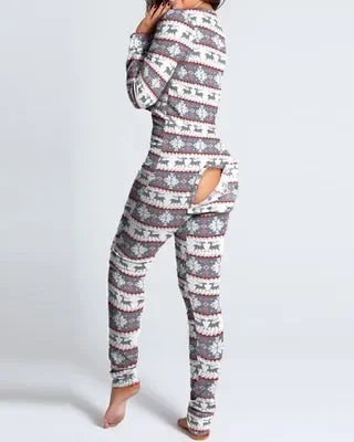 Adult Long Sleeve Pajamas Button Flip Cover Women's 1Piece Loungewear Butt Button Back Flap Jumpsuit Sleepwear Romper Home Wear
