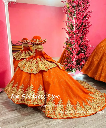 Red Flower Girl Dress Velvet Gold Lace Embroidery Floor Length Gown Wedding Pageant Cultural Formal Gowns Customized