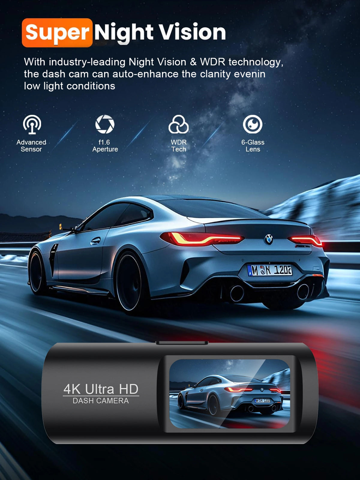 Dash Cam 4K Dual Lens Recording Car Camera DVR Night Vision Video Recorder Built-In Wi-Fi Support 24H Parking Monitoring Black Box Free 64GB Card
