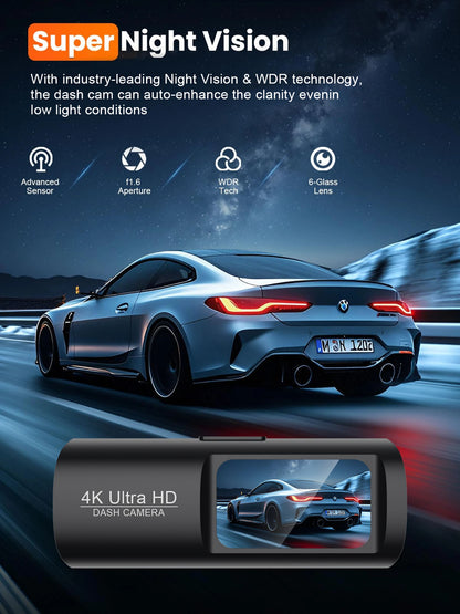 Dash Cam 4K Dual Lens Recording Car Camera DVR Night Vision Video Recorder Built-In Wi-Fi Support 24H Parking Monitoring Black Box Free 64GB Card