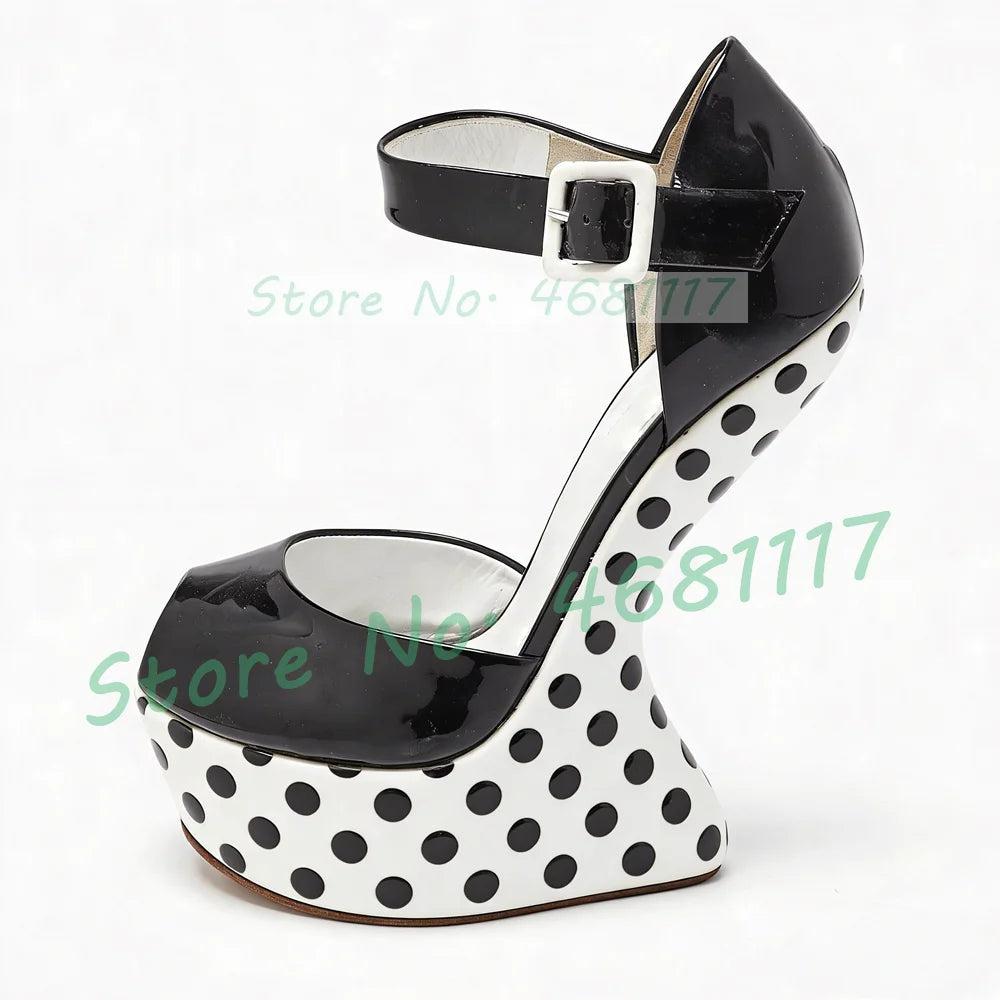 Black Polka Dot Platform Fretwork Heels Sandals Women Sexy Peep Toe Patent Leather Shoes Party Ankle Strap Heelless Sandals