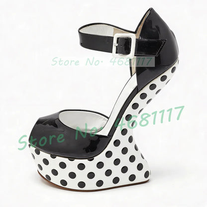 Black Polka Dot Platform Fretwork Heels Sandals Women Sexy Peep Toe Patent Leather Shoes Party Ankle Strap Heelless Sandals