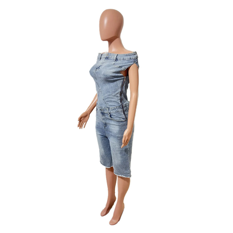 Jumpsuits Women Denim One Piece Short Sleeve Overalls Knee Length Pants Tight Waist Rompers Y2k Streetwear Slash Neck 2026