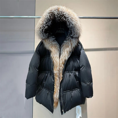 Winter New Arrival Women's Long down Jacket withLargeFox Fur Collar Fashionable Waist-Cinching Drawstring Loose Goose down Coat