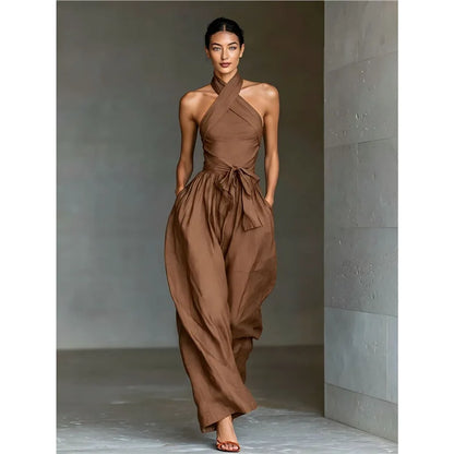 2026 High Waist Tie-up Wide Leg Pants Jumpsuit Woman Sexy Criss Cross Halter Backless Zips Romper Summer Solid Office Overalls