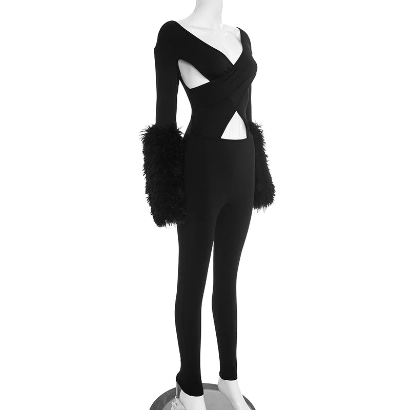 Weird Puss Cross Hollow Jumpsuit Women Sexy Fit Fur Patchwork Full Sleeve Workout Activity Streetwear Stretch Tight Overalls
