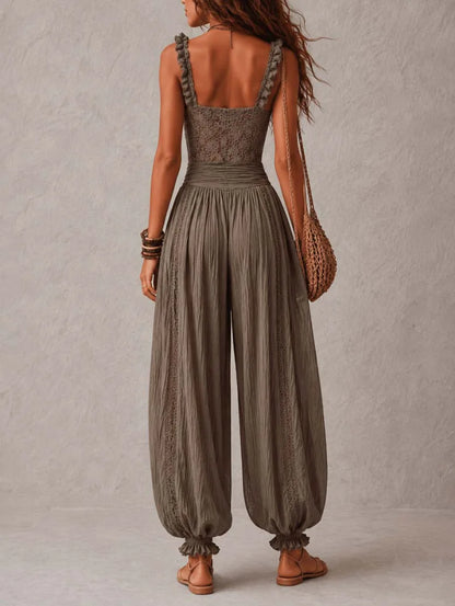 Solid Women Lace Jumpsuits For Spring Summer Sleeveless Slash Neck Loose Fashion Streetwear Overalls Pants Trousers 2026