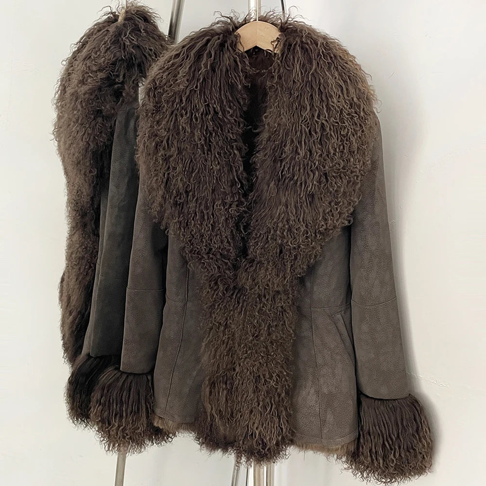OFTBUY New Winter Warm Curly Mongolia Sheep Fur Jacket Women Vintage Shearling Coat Slim Faux Suede Real Rabbit Fur Clothing
